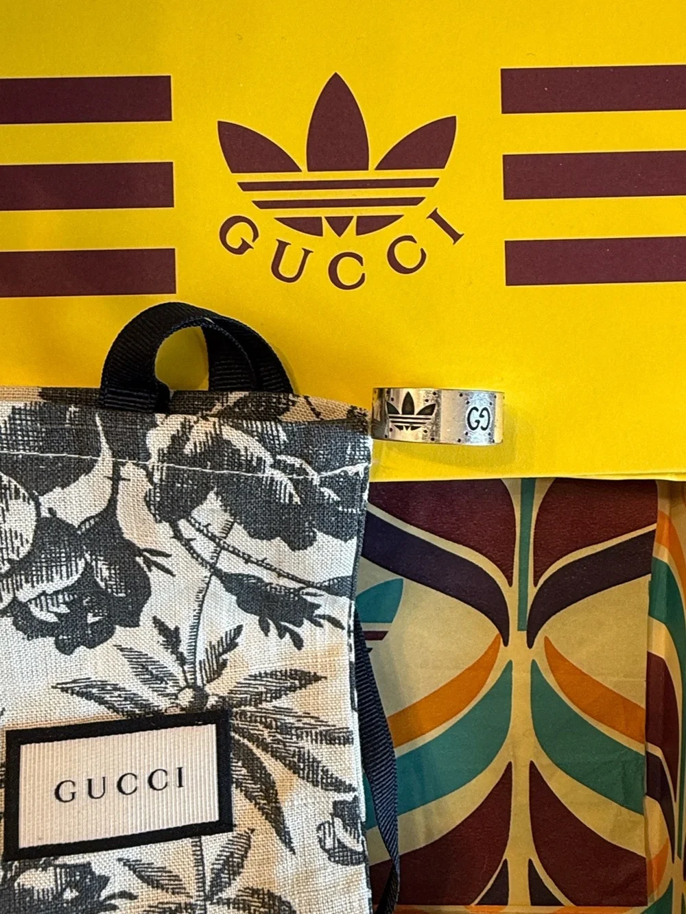 Gucci x Adidas Silver Band Ring with Box, Dustbag, Ribbon, Tissue